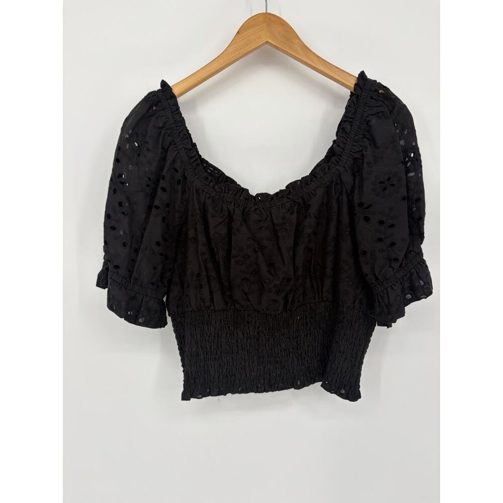 NWT Black Eyelet Puff Sleeve Crop Top Cottagecore Milkmaid Peasant Boho Top Sz L - Picture 3 of 8